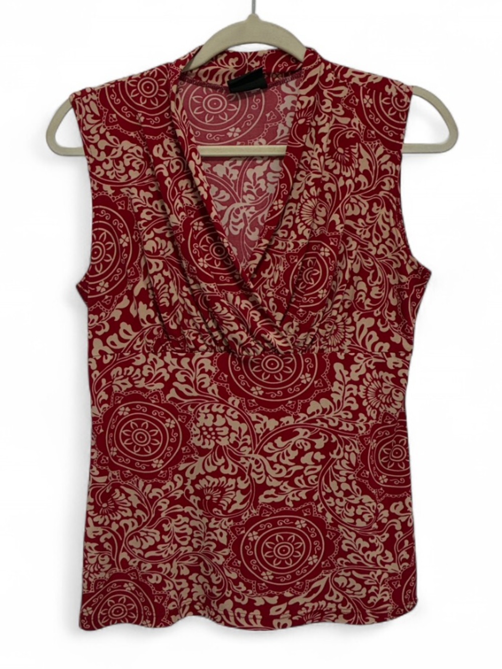 Y2K JKLA Sleeveless Red Patterned Splice Neckline Tank Top